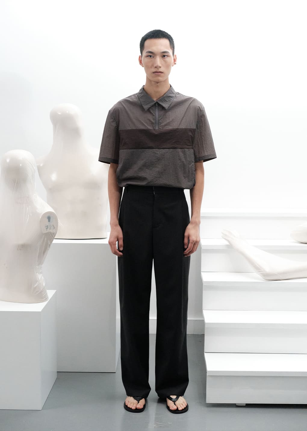 sheer color block top, dark grey