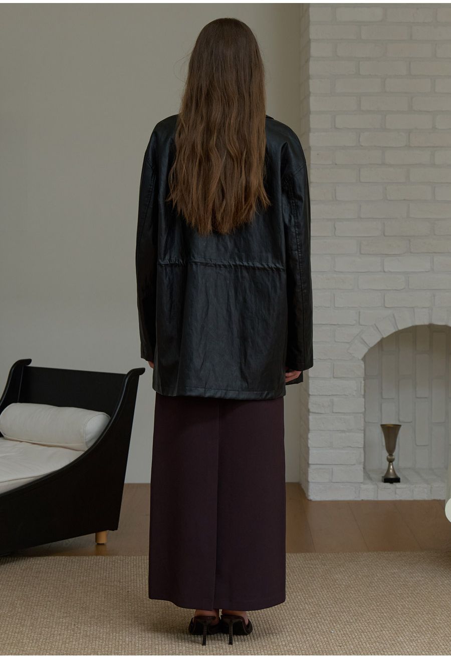 A ROUND COLLAR FAUX LEATHER JACKET_BLACK