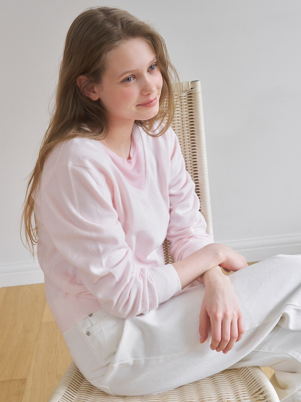 A WASHABLE V-NECK KNIT TOP_LIGHT PINK