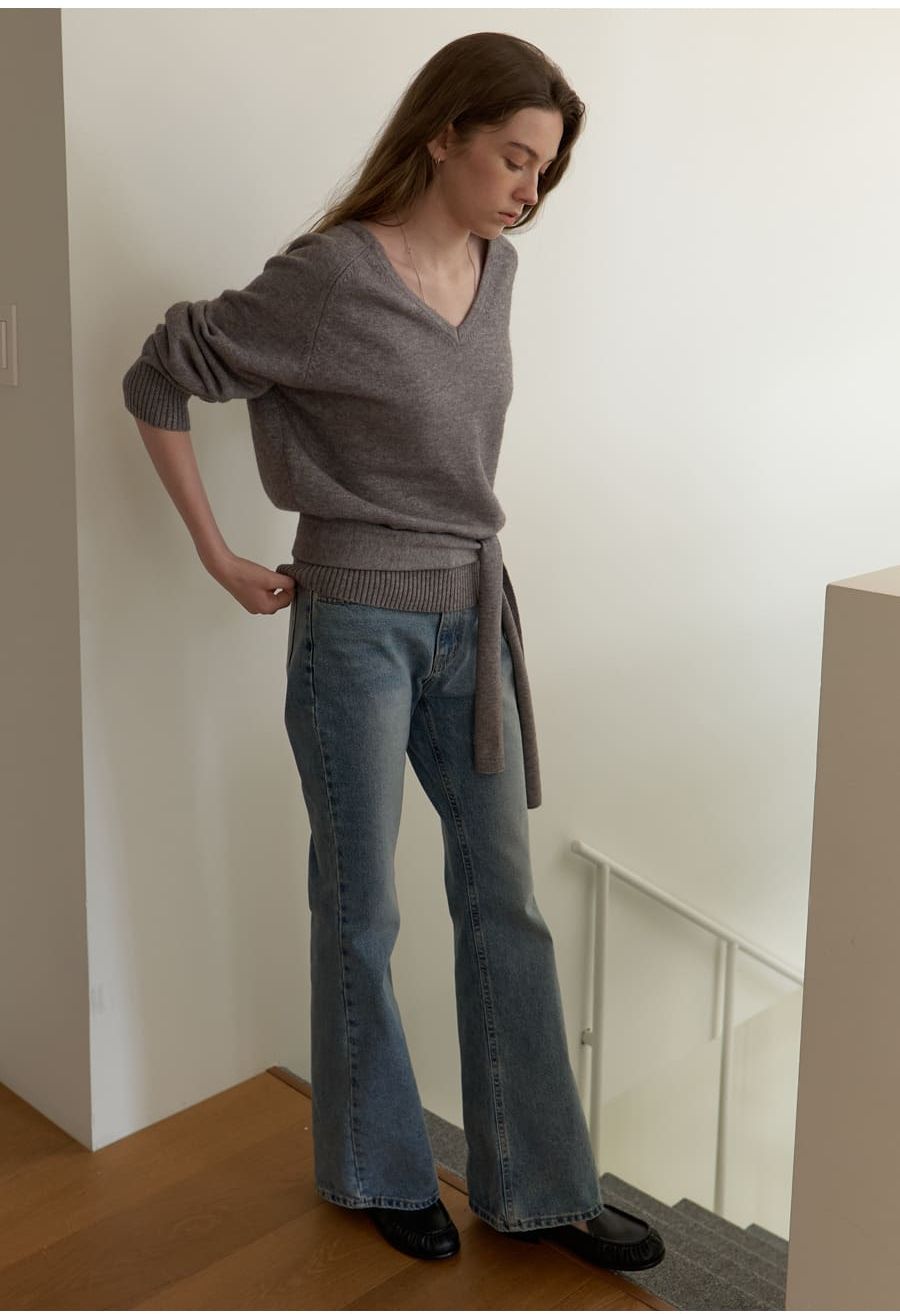 A V-NECK OVERSIZED MUFFLER KNIT SET_GREY