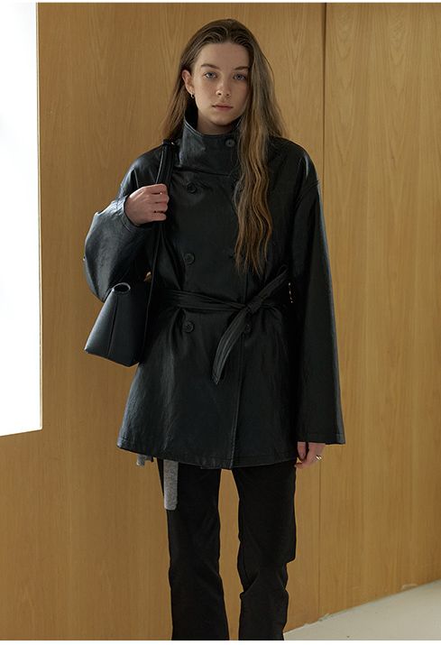 A HIGH NECK FAUX LEATHER COAT_BLACK 사진 4/4