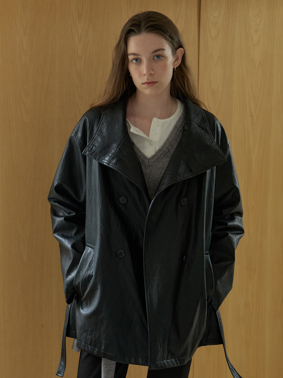 A HIGH NECK FAUX LEATHER COAT_BLACK 사진 2/4