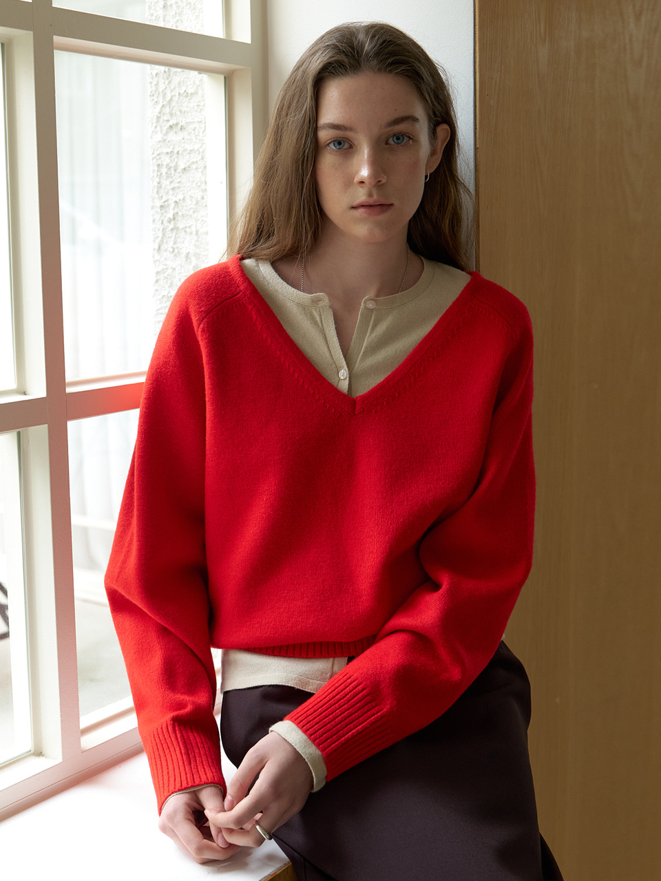 A V-NECK OVERSIZED MUFFLER KNIT SET_RED 사진 4/4