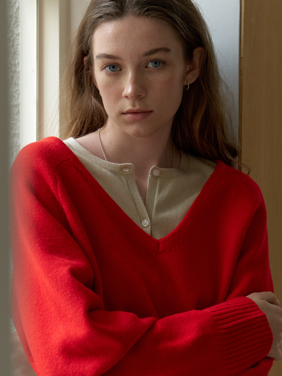 A V-NECK OVERSIZED MUFFLER KNIT SET_RED 사진 2/4