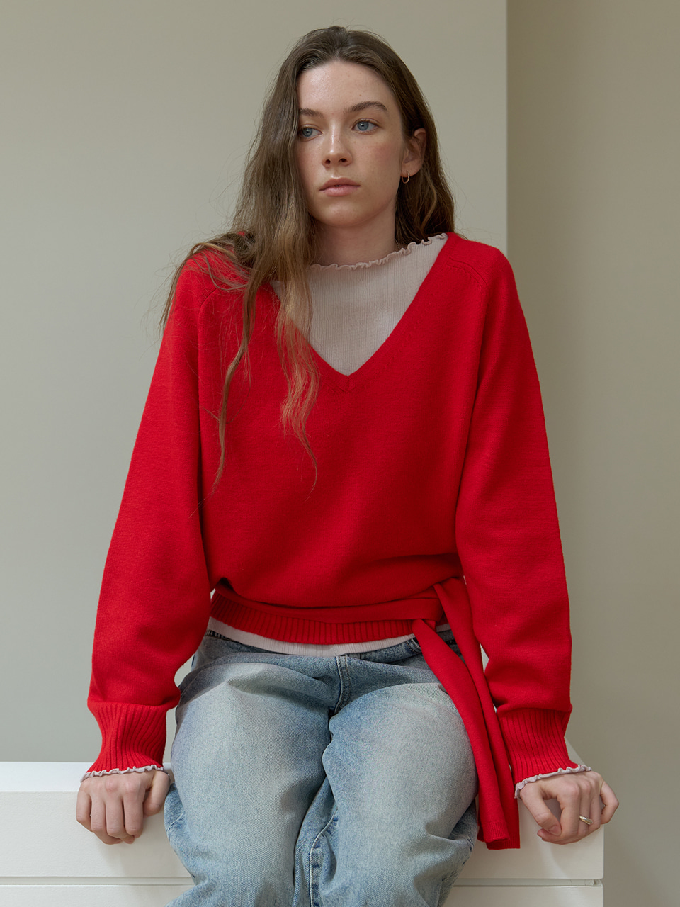 A V-NECK OVERSIZED MUFFLER KNIT SET_RED 사진 3/4