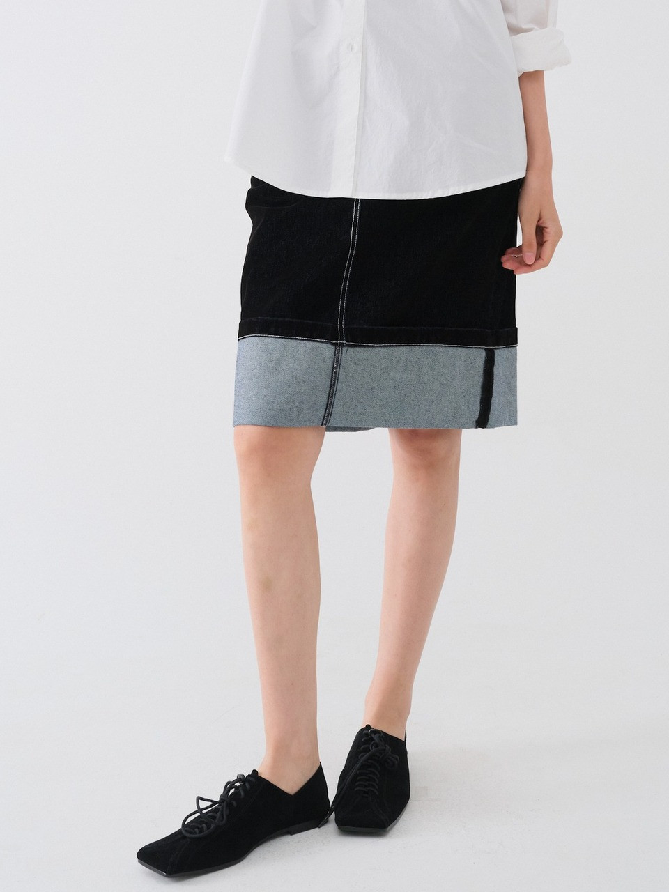 TURN-UP WASHED VELVET SKIRT_NAVY