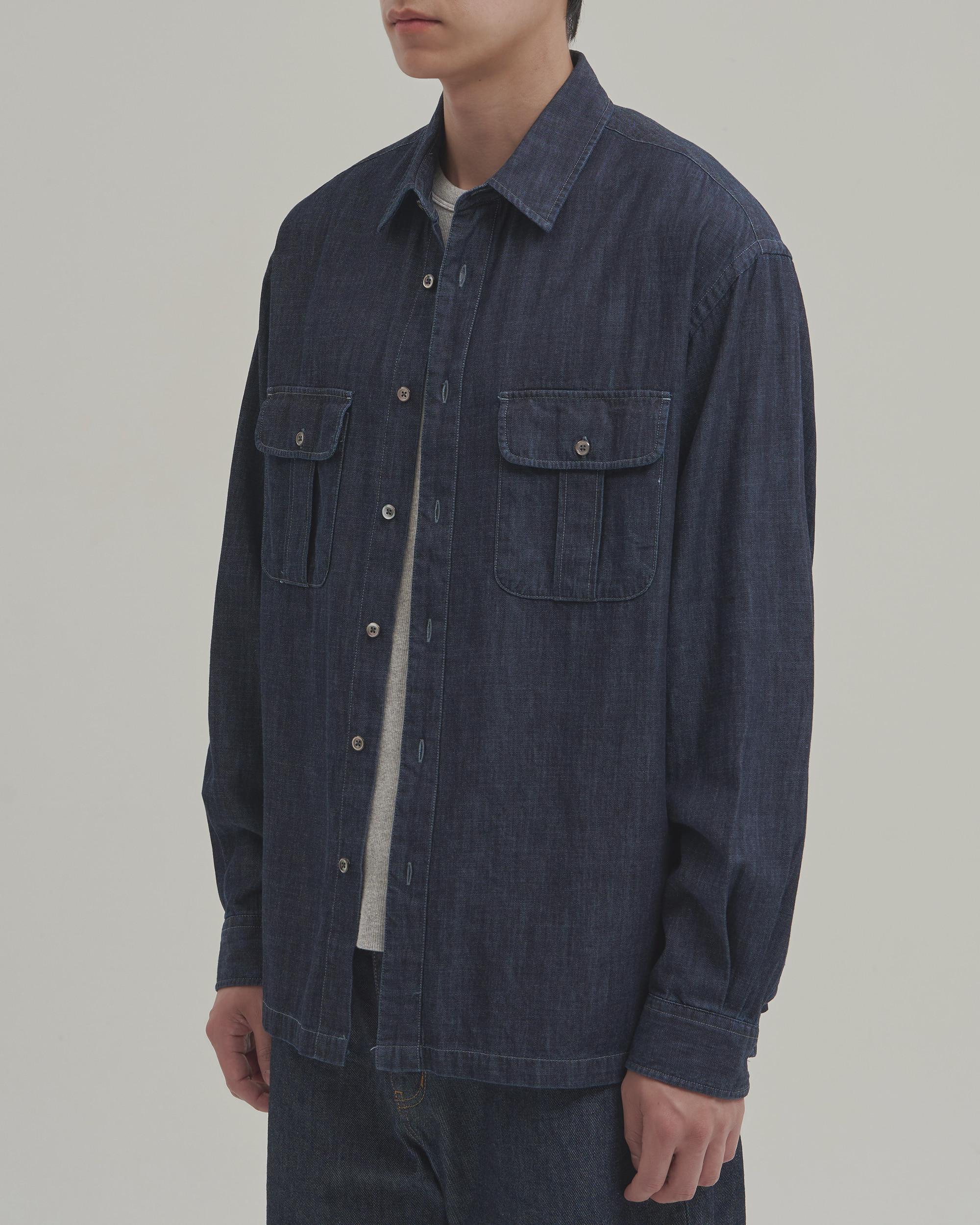 WASHED DENIM SAFARI SHIRT - BLUE BLACK 사진 1/4