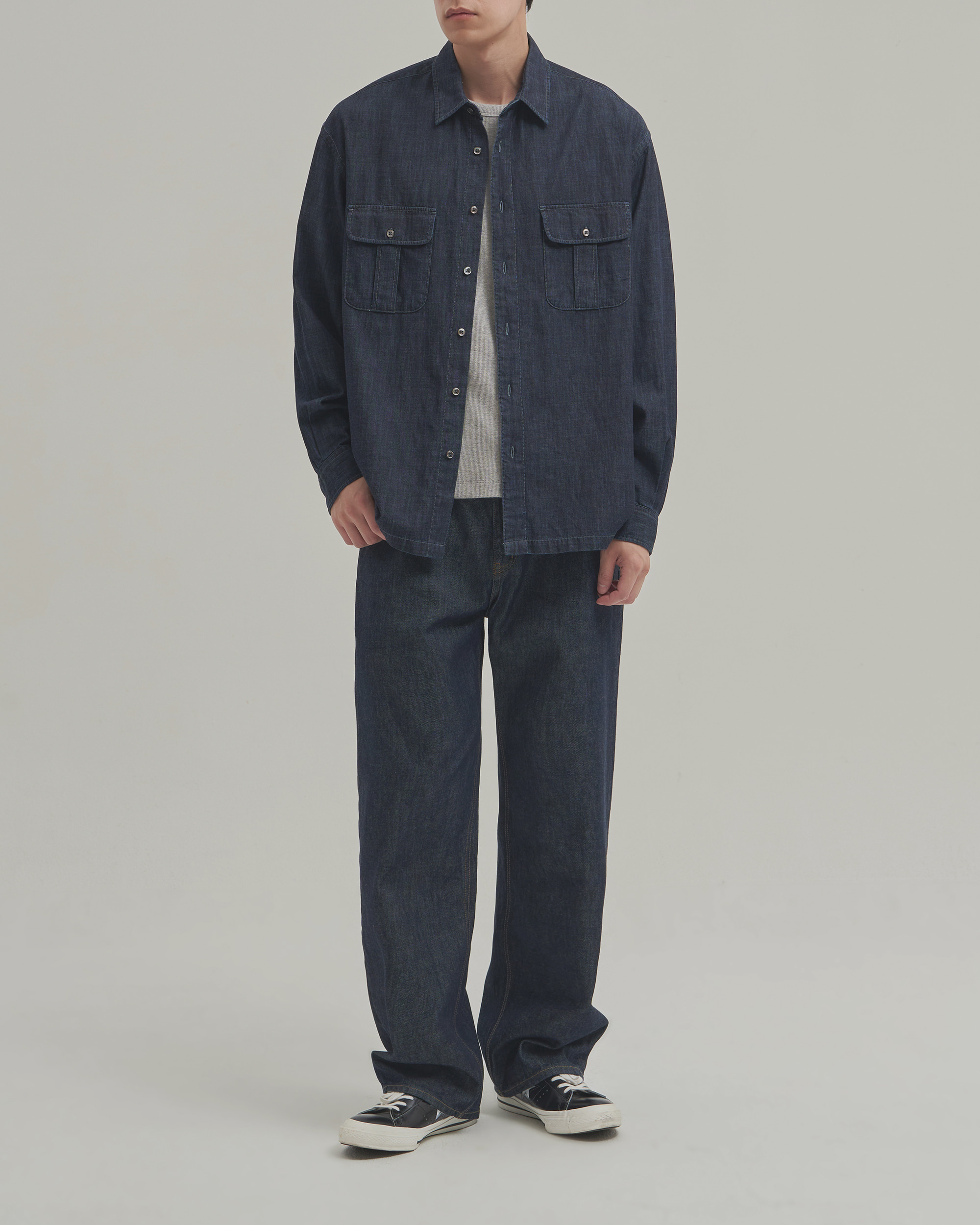 WASHED DENIM SAFARI SHIRT - BLUE BLACK 사진 3/4