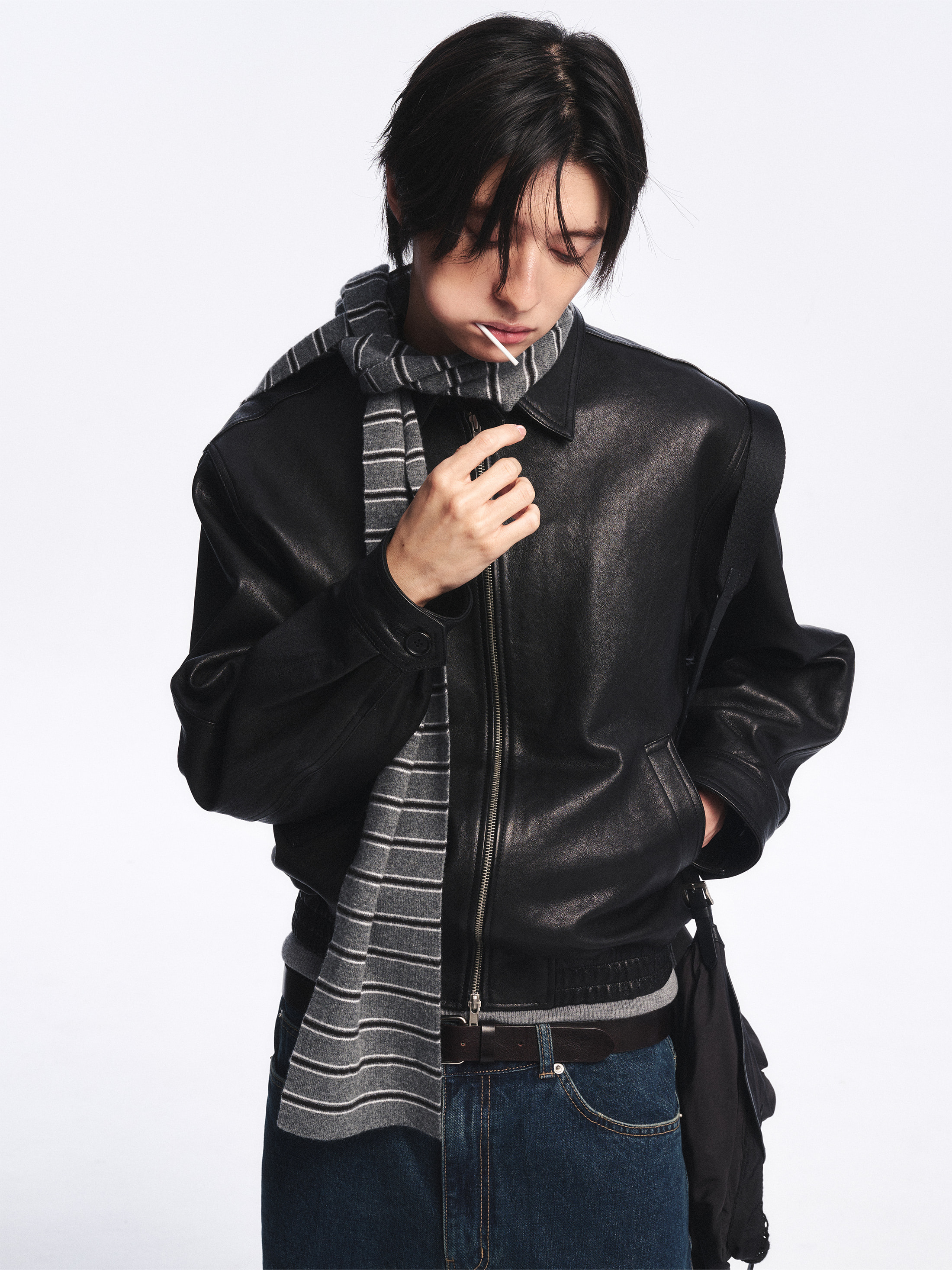 Wool Cash Blend Striped Muffler_Charcoal Grey