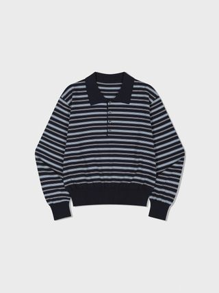 Striped Open Collar Sweater_Navy Stripe