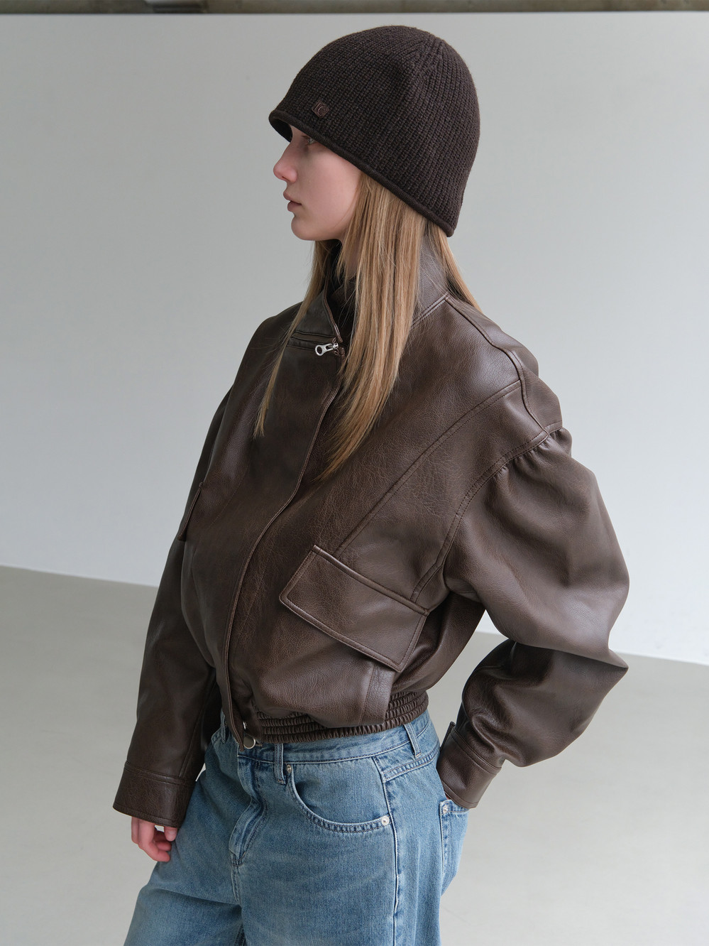 Artificial Leather Short Jacket_Brown