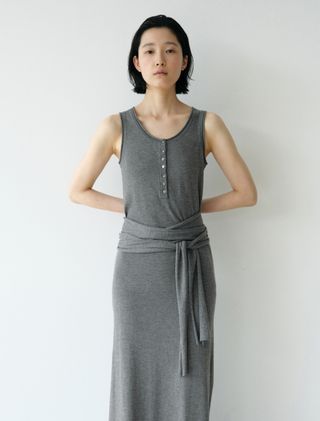 HENLEY NECK WRAP KNIT DRESS [GREY] - Low Tide