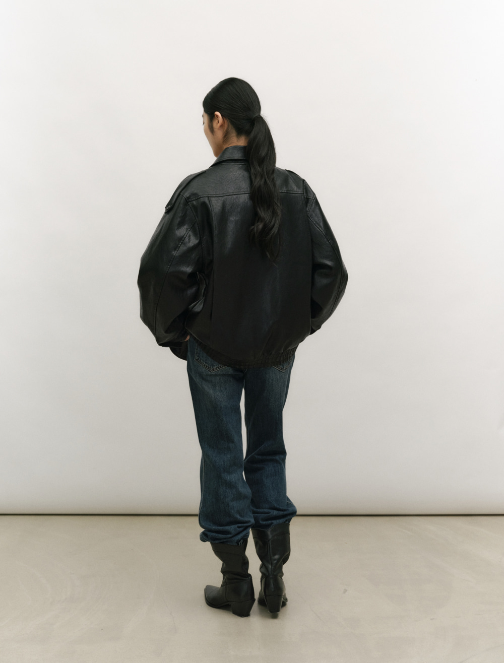 HIGH NECK DOUBLE LEATHER JACKET [BLACK] - Low Tide
