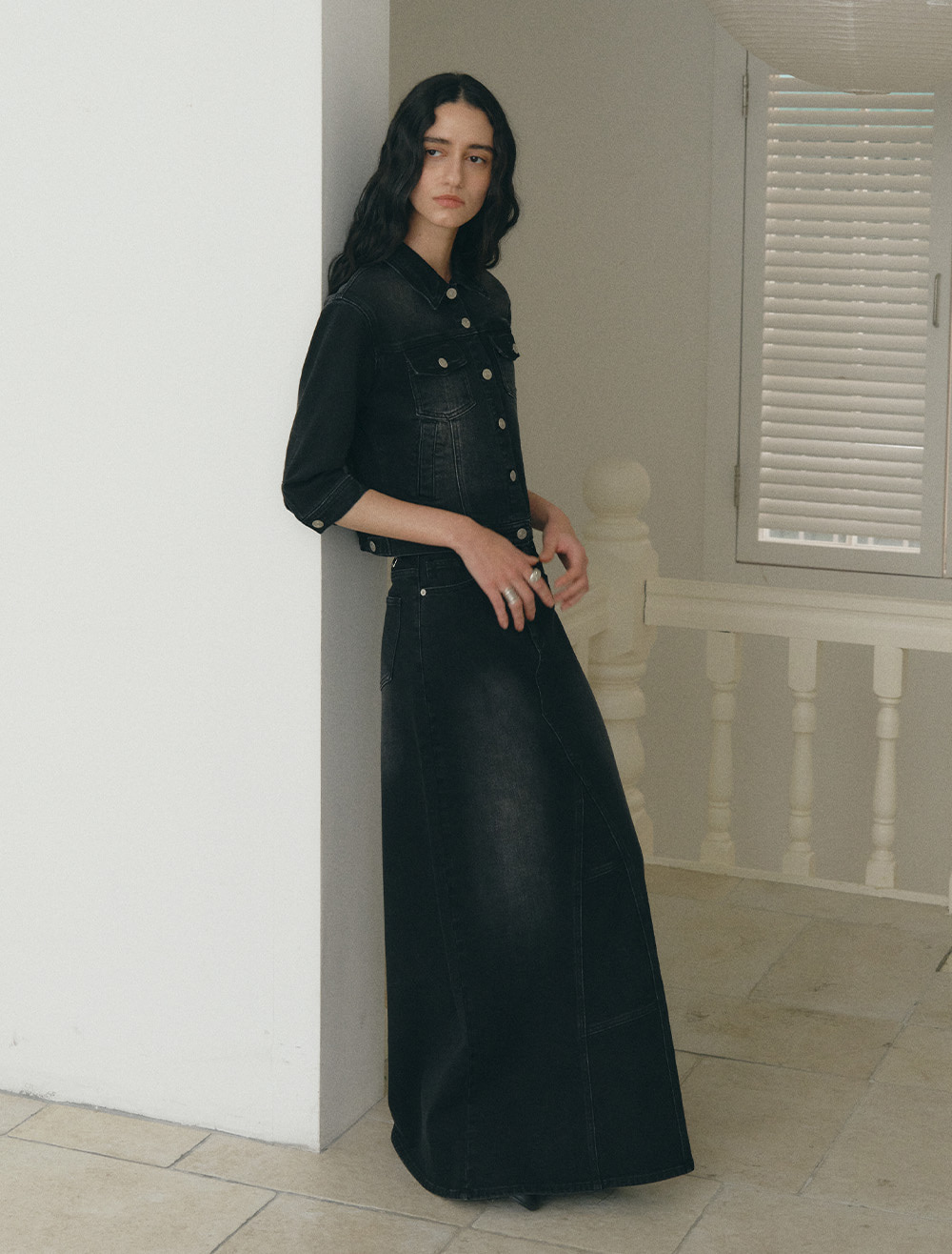 WASHED MAXI DENIM SKIRT [BLACK] - Low Tide