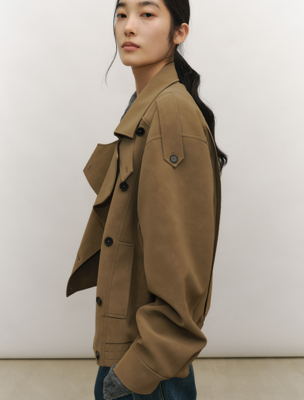 HIGH NECK DOUBLE LEATHER JACKET [CAMEL] - Low Tide 사진 3/4