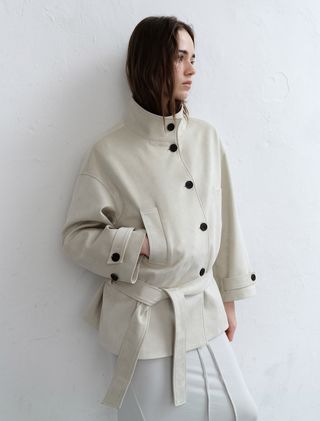 SUEDE HIGH NECK BELT COAT [BEIGE] - Low Tide