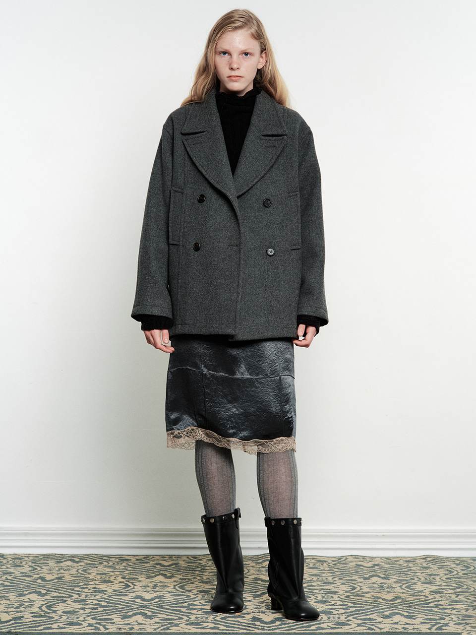 SATIN LACE MIDI SKIRT_charcoal 사진 1/4