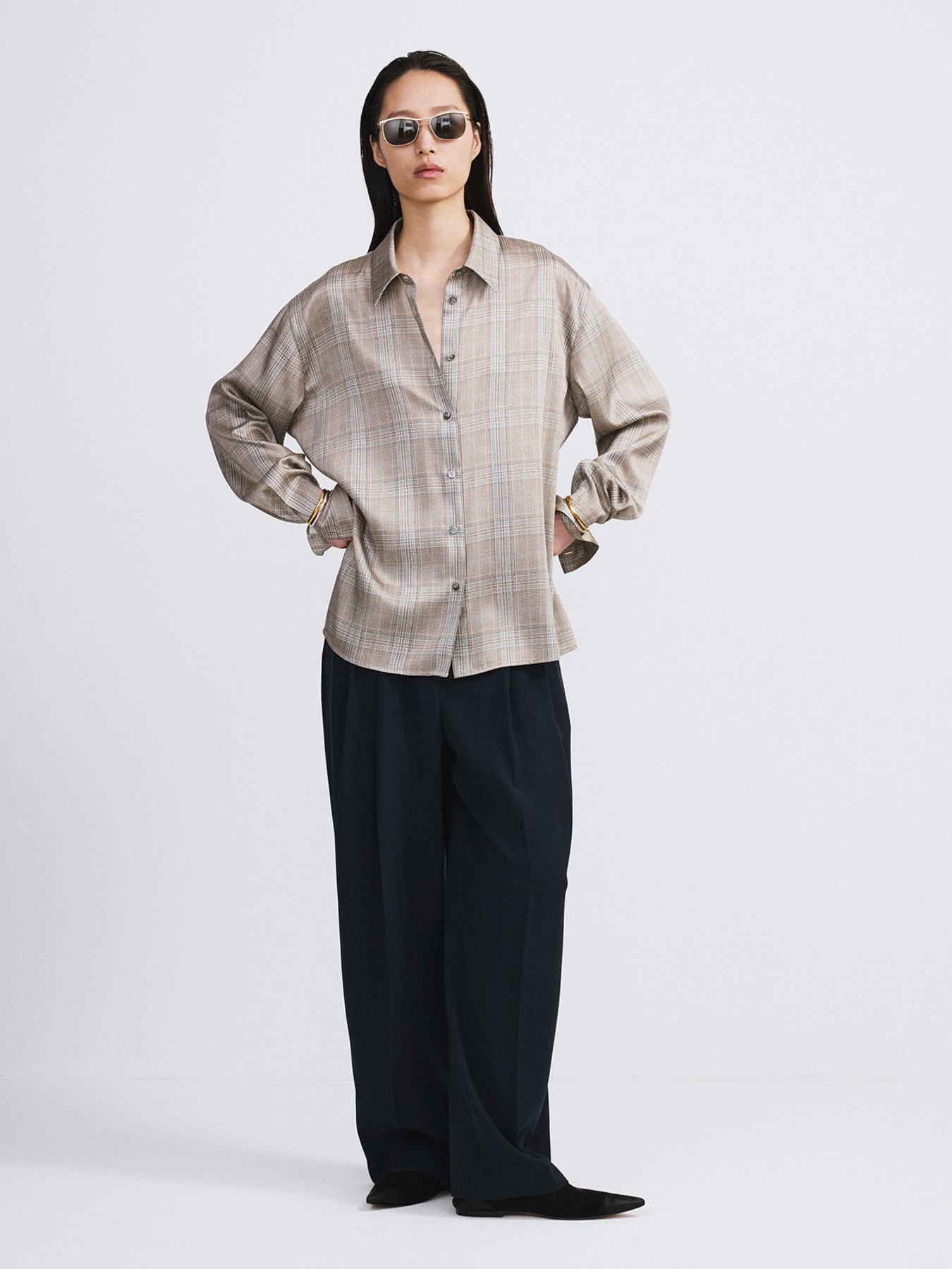 OVERSIZED VINTAGE CHECK SHIRT (BEIGE KHAKI)