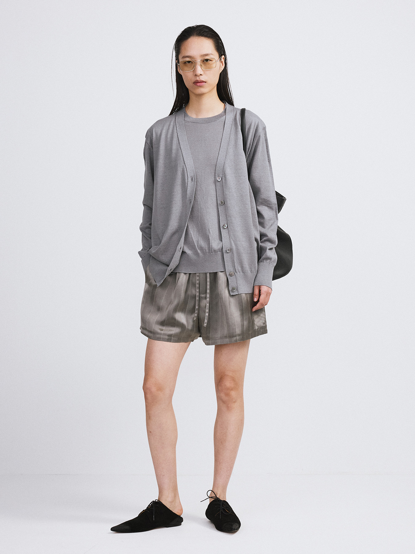 SILK-LINEN BLEND LAYERED KNIT TOP (COOL GREY)