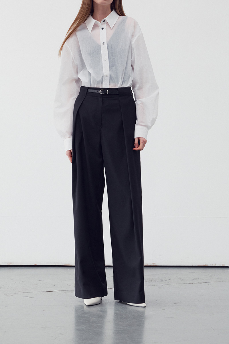 BELT WAIST DETAIL WIDE LEG TROUSERS BLACK 사진 4/4