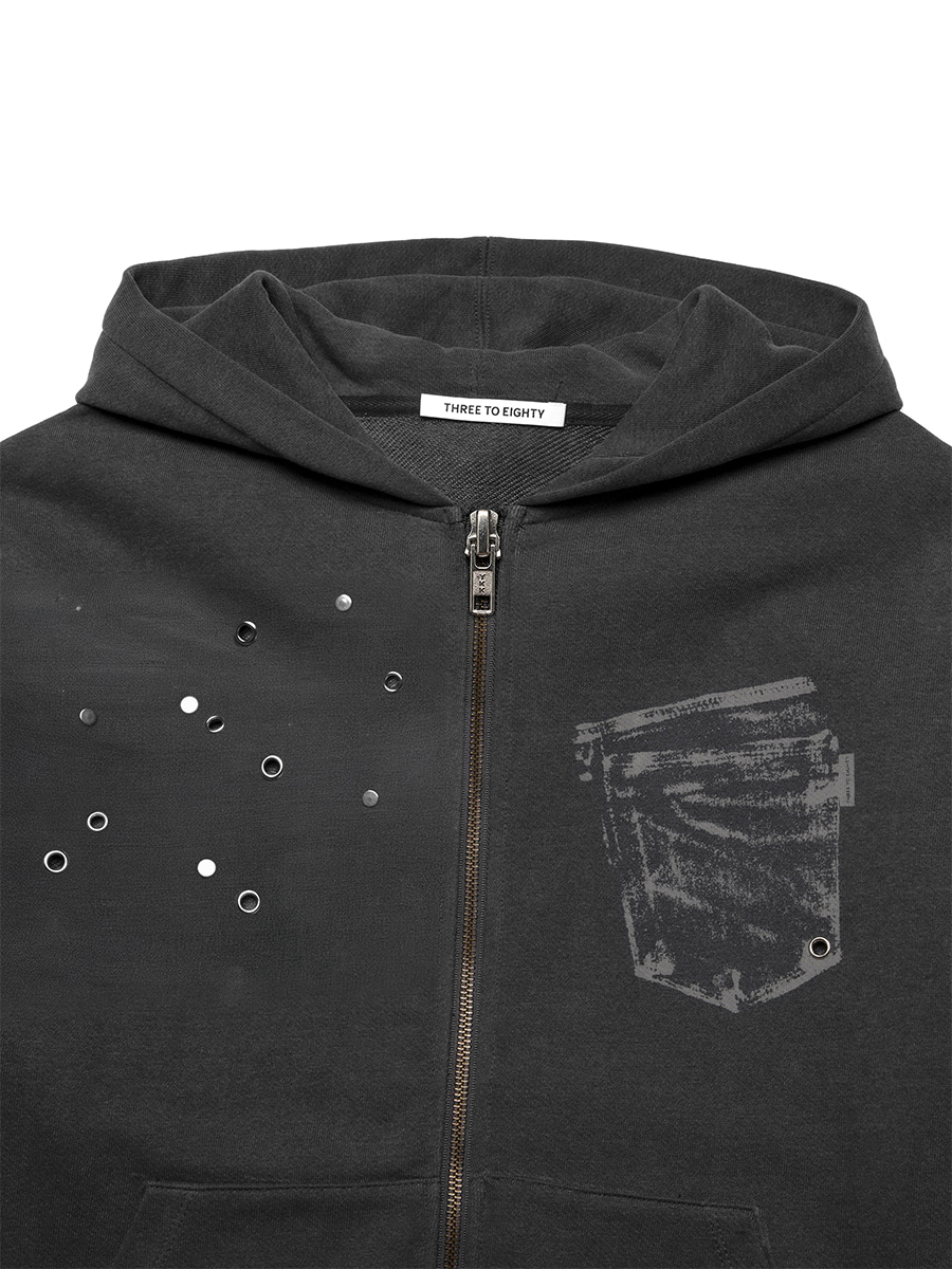 EYELET POCKET HOODIE ZIP-UP CHARCOAL