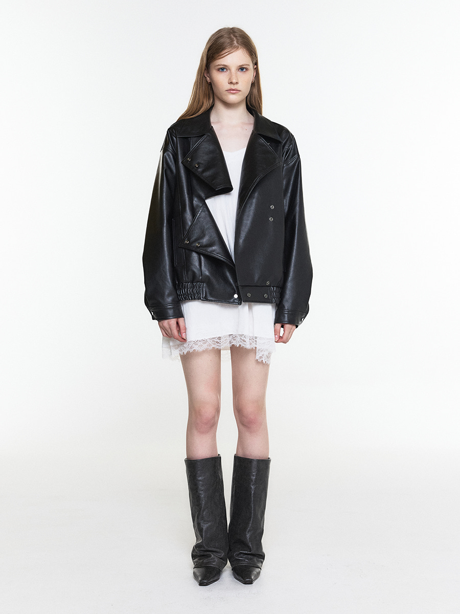 [예약배송 9/29] HIGH NECK OVERSIZED LEATHER PANEL BLOUSON BLACK 사진 2/4