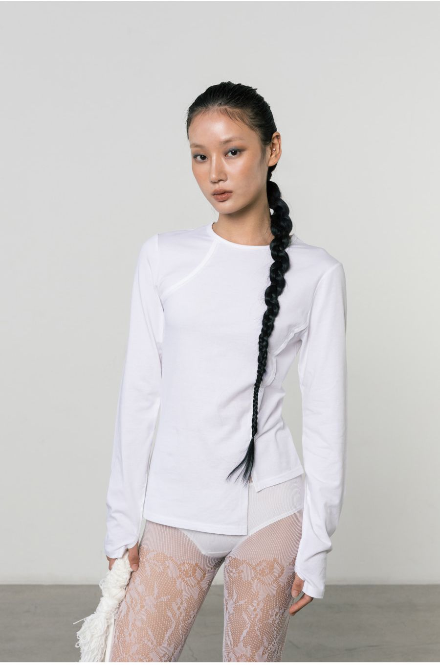 RIB PANELED CREW NECK TOP WHITE