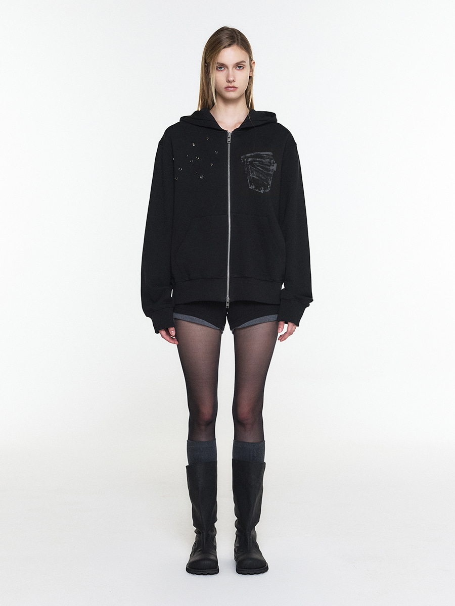 [예약배송 9/28] EYELET POCKET HOODIE ZIP-UP BLACK 사진 2/4