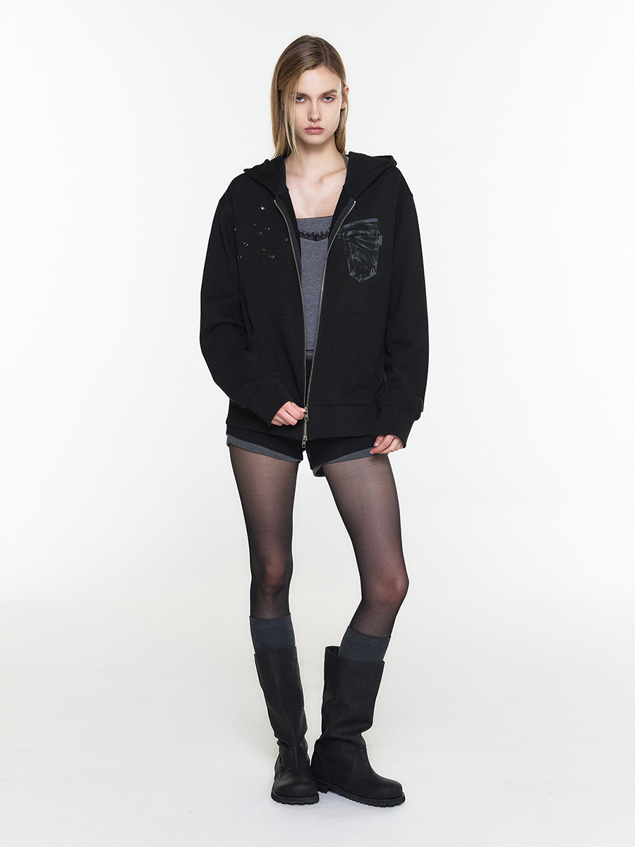 [예약배송 9/28] EYELET POCKET HOODIE ZIP-UP BLACK 사진 4/4